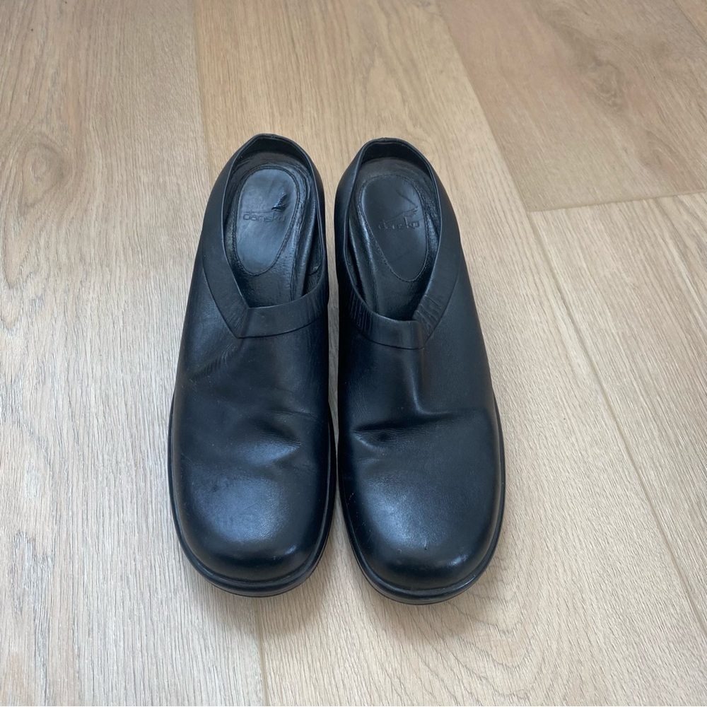 Dansko Black Leather Heeled Clogs